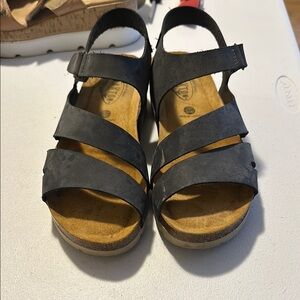 Blue open-toe sandals with multiple straps and a sturdy sole